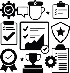 A comprehensive set of solid black icons for quality assurance, success, and achievement. It includes symbols like checkmarks, trophies, a shield, and a gear, ideal for business and project management
