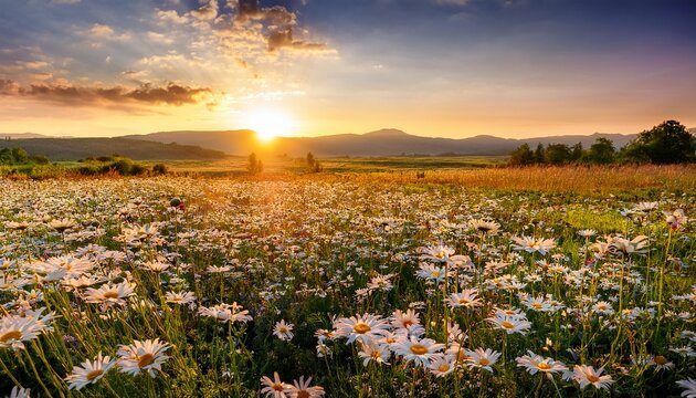 field of daisies blooming under the sunset in summer