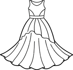 A detailed line art outline of an elegant ball gown with a ruffled skirt. This illustration is ideal for representing formal events, weddings, fashion design, and celebrations with a timeless charm.
