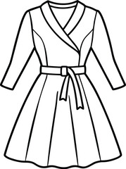 A clean line art outline of a wrap dress with a belt and long sleeves. It represents casual elegance, office wear, and a versatile, timeless fashion style for women.