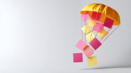 A creative and innovative concept featuring sticky notes descending via parachute