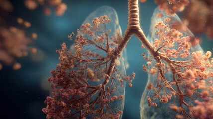 A detailed 3D rendered of human lungs revealing the inner structure and components