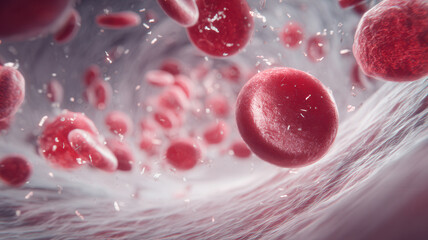 A detailed view of red blood cells flowing through a vein