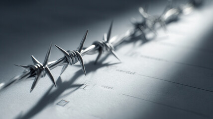 Barbed wire lies on a page with some texts. The strong light makes a strong contrast of shadows and highlights, enhancing the sharpness and detail