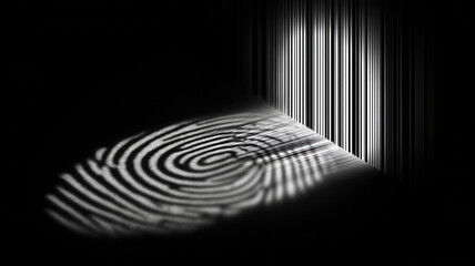 A dramatic black and white image of a fingerprint with light and shadow, depicting a sense of mystery and security