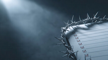 A thought-provoking conceptual image, a crown of thorns resting on a notepad filled with check boxes, illuminated by a single beam of light, against a mysterious backdrop.