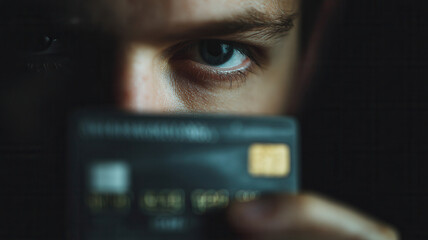 A person's eye peers intensely at a credit card, hinting at transactions, digital payments, or financial matters