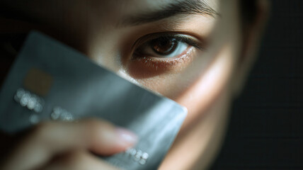 A close-up shot of a person holding a credit card near their eye. The lighting creates shadows that add a dramatic effect