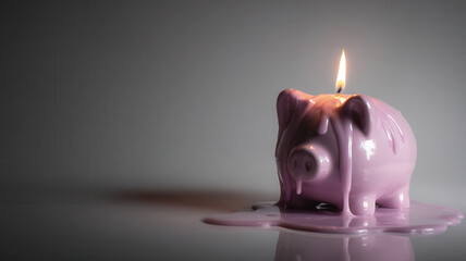 A burning piggy bank candle represents financial loss and spending