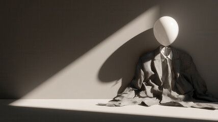 Abstract representation of a suit with a balloon for the head, captured in a minimalistic setting, exploring themes of identity and absence