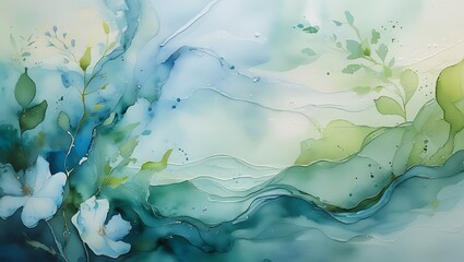 Abstract watercolor artwork featuring soft blues greens and white floral elements evoking serenity and nature.