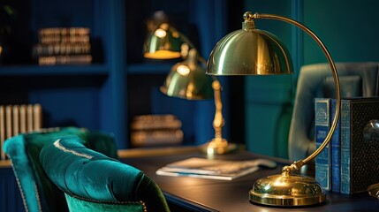 close-up of an Art Deco office with brass lamps and dark velvet furnishings, color tones: navy blue, emerald green, and brushed gold