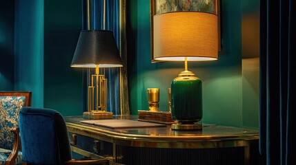 close-up of an Art Deco office with brass lamps and dark velvet furnishings, color tones: navy blue, emerald green, and brushed gold