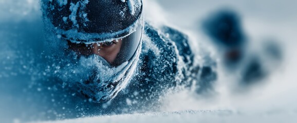 Close-up of winter athlete in helmet speeding down icy track in high-stakes bobsled race with frosty snow details and dramatic cold tones, perfect for sports ads, endurance campaigns