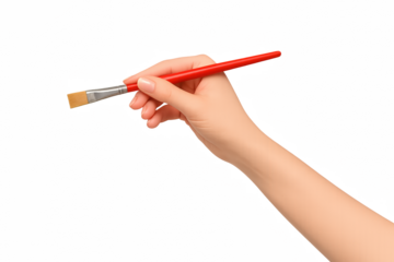 Human hand holding a red paintbrush on a white background, symbolizing art, creativity, and painting.