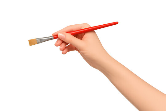 Human hand holding a red paintbrush on a white background, symbolizing art, creativity, and painting.