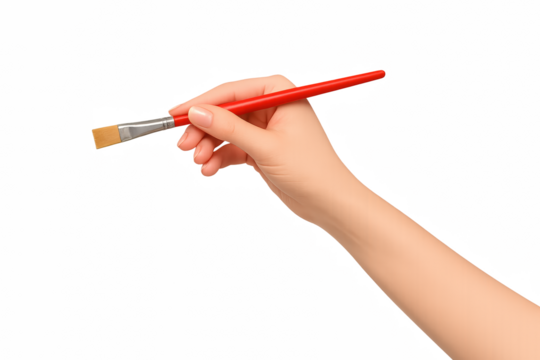 Human hand holding a red paintbrush on a white background, symbolizing art, creativity, and painting.