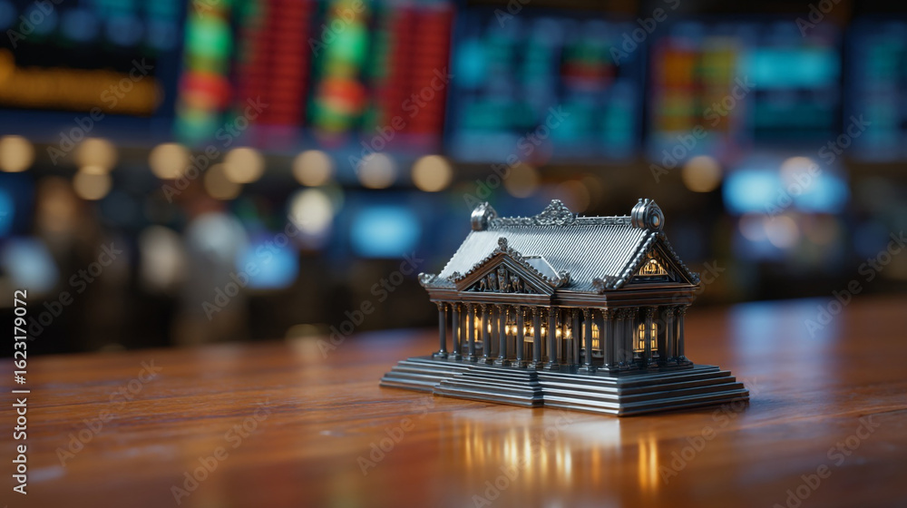 Poster a miniature building model on a wooden surface with blurred background and bokeh lights behind it