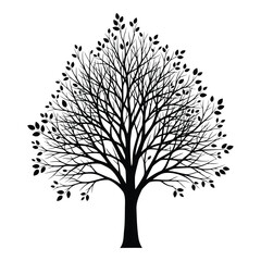 Obraz premium Art of a detailed black silhouette of a deciduous tree with many branches and sparse leaves, isolated on white background