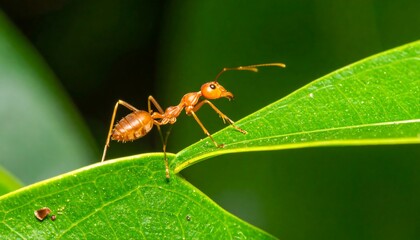 Naklejka premium Macro Shot of a Red Ant on a Vibrant Green Leaf