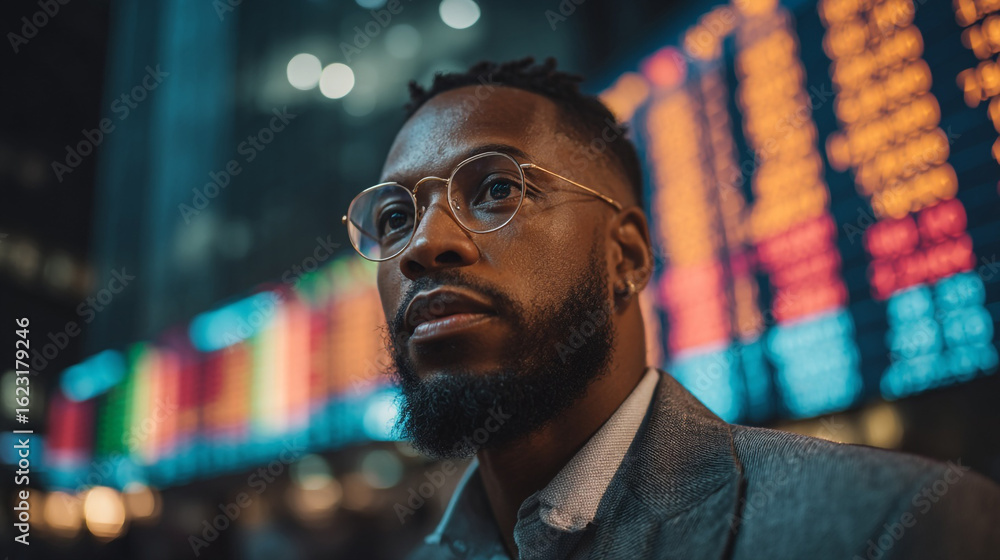 Poster man with glasses looking up in front of a blurred colorful display at night in a city environment