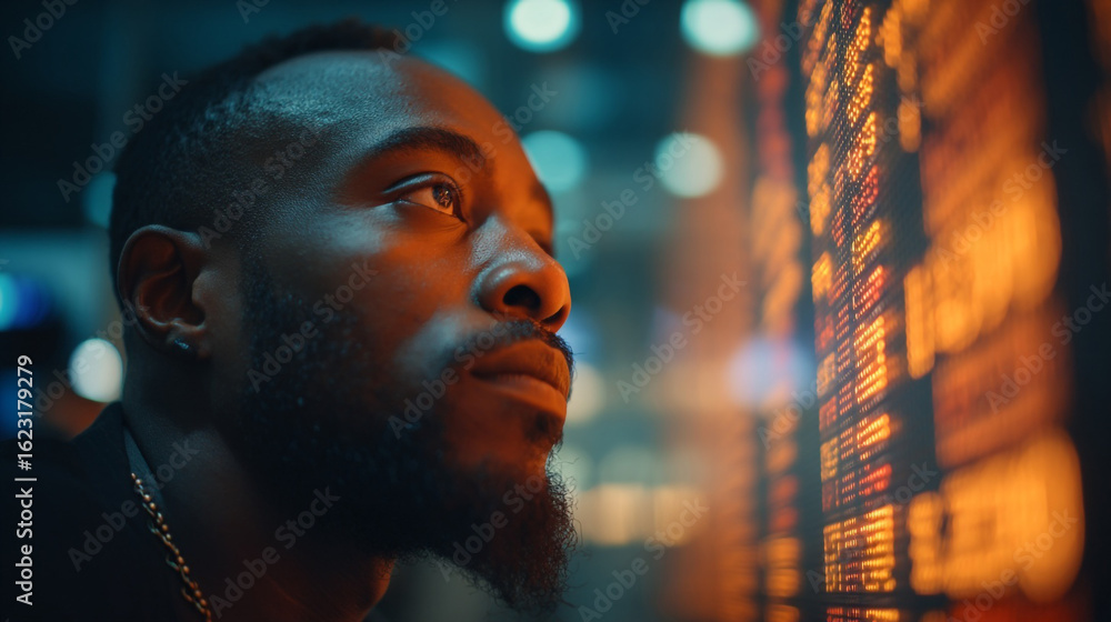 Poster man looking up at a display screen with orange and blue lights in the background at nighttime urban 