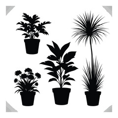Art of collection of potted houseplants in silhouette, isolated on white background