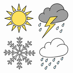 Weather symbols featuring sun, cloud, snowflake, and lightning isolated on white background