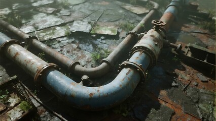 Rusty Industrial Pipelines on Dilapidated Concrete Surface