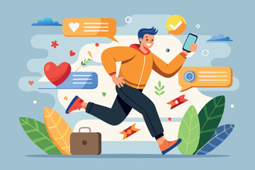 A man running with his phone to answer a love message isolated on white background