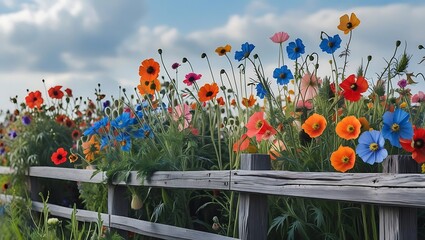 Vibrant Poppy Field With Wooden Fence Under Cloudy Sky poppies flowers