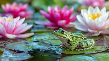 Green Frog on Lily Pad: Serene pond scene featuring a green frog perched on a lily pad, surrounded by blooming water lilies. Nature's beauty in focus.