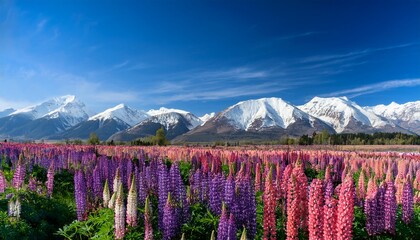 field of lupines blooming vividly in front of snow capped mountains