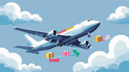 Airplane flying through clouds with colorful packages for delivery in a vector art style