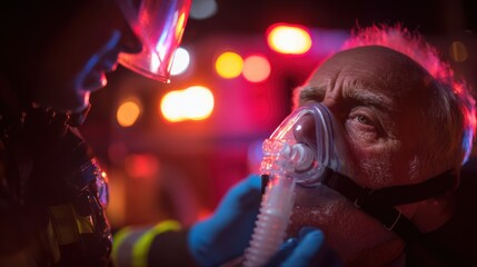 Closeup of paramedic applying oxygen mask to an elderly patient stabilizing breathing amidst flashing ambulance lights at night.