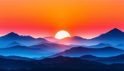 vibrant orange and pink sunrise over blue layered mountains landscape featuring pixelation and ai artifacts