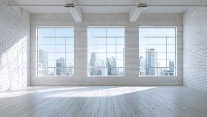 Fototapeta premium Empty loft space, city view, bright sunlight