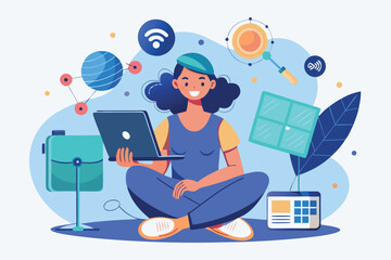 Woman working on laptop with technology and internet icons around her