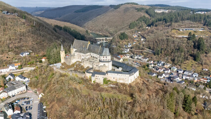Aerial View of Historic Castle of Vianden Surrounded by Hills