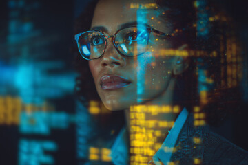 AI cybersecurity threat concept, black mixed race woman analysing artificial intelligence scams, data risks & leaks, IT worker, AI in hacking coding, digital security, stock market, AI trading	