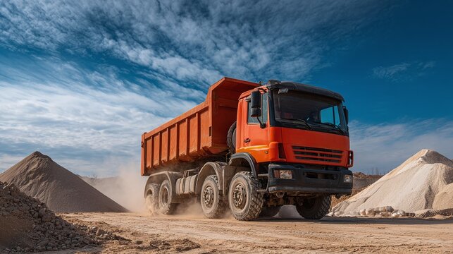 Construction Site Truck: A large orange truck drives through a dusty construction site with piles of sand under a blue sky. Transportation and industry.