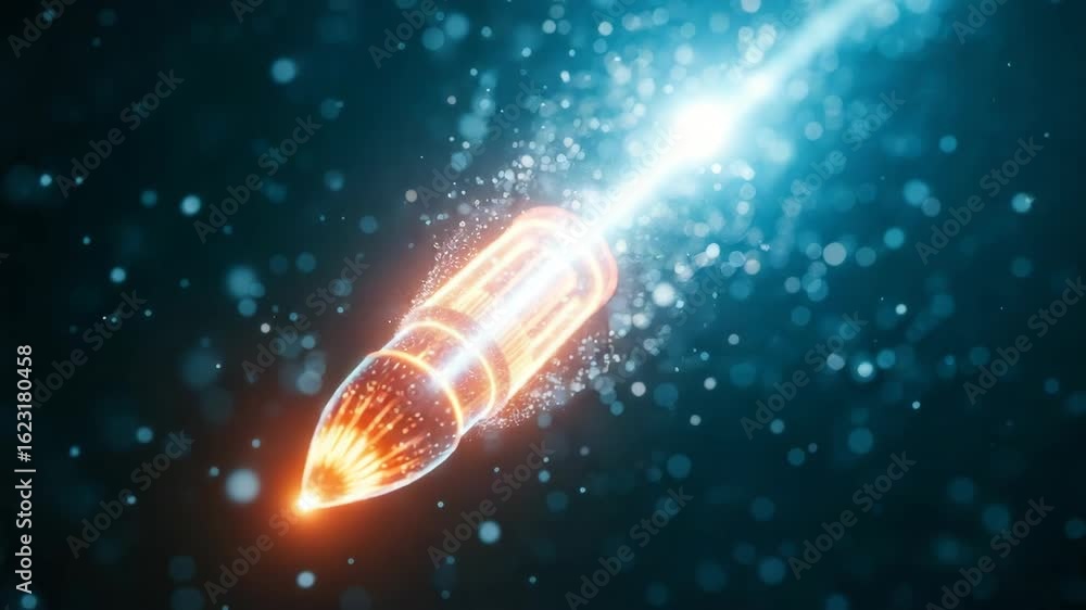 Poster a vibrant high-energy illustration of a glowing bullet in motion surrounded by a blur of sparkling p