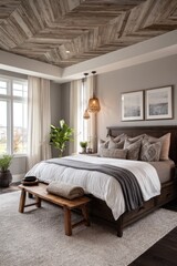 Cozy master bedroom with wood-beamed ceiling