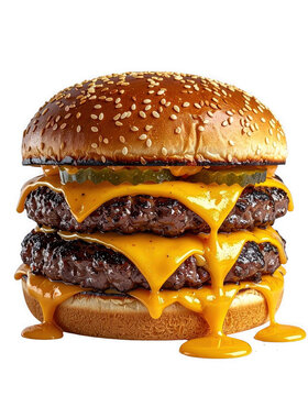 Melty double smash cheeseburger with sesame bun and pickles isolated on transparent background