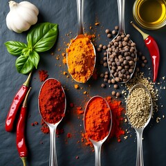 Aromatic Spices and Herbs Arranged on a Dark Background