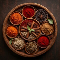 Assorted Spices in Wooden Bowls on a Tray