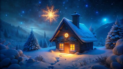 Naklejka premium Cozy Snow-Covered Cabin Lit Warmly Beneath a Starry Winter Night Sky