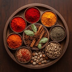 Assorted Spices in Wooden Bowls on a Tray