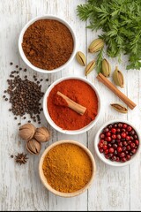 Assortment of colorful spices on a white wooden table