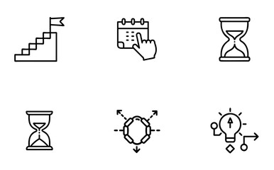 Set of linear icons illustrating concepts of goal achievement time management and strategic planning